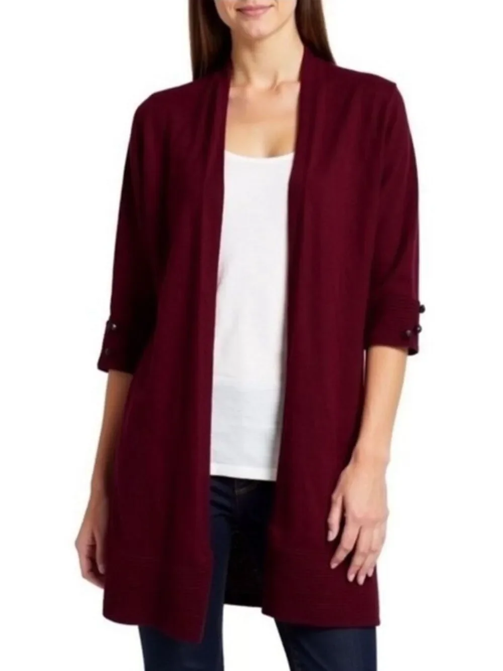 Evolution by Cyrus Ribbed Open Front Cardigan Burgundy Ancho Chili Red Medium